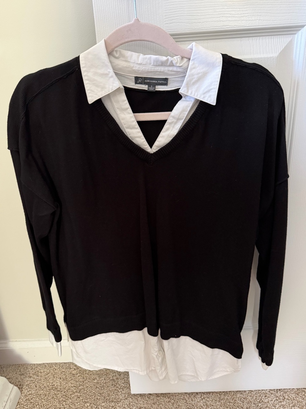Black Layered-Look V-Neck Sweater with White Shirt Detail
